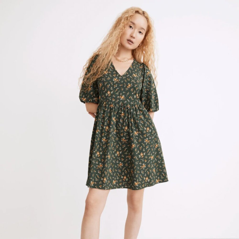 Madewell Poplin V-Neck Bubble-Sleeve Mini Dress in Fresh Sprigs